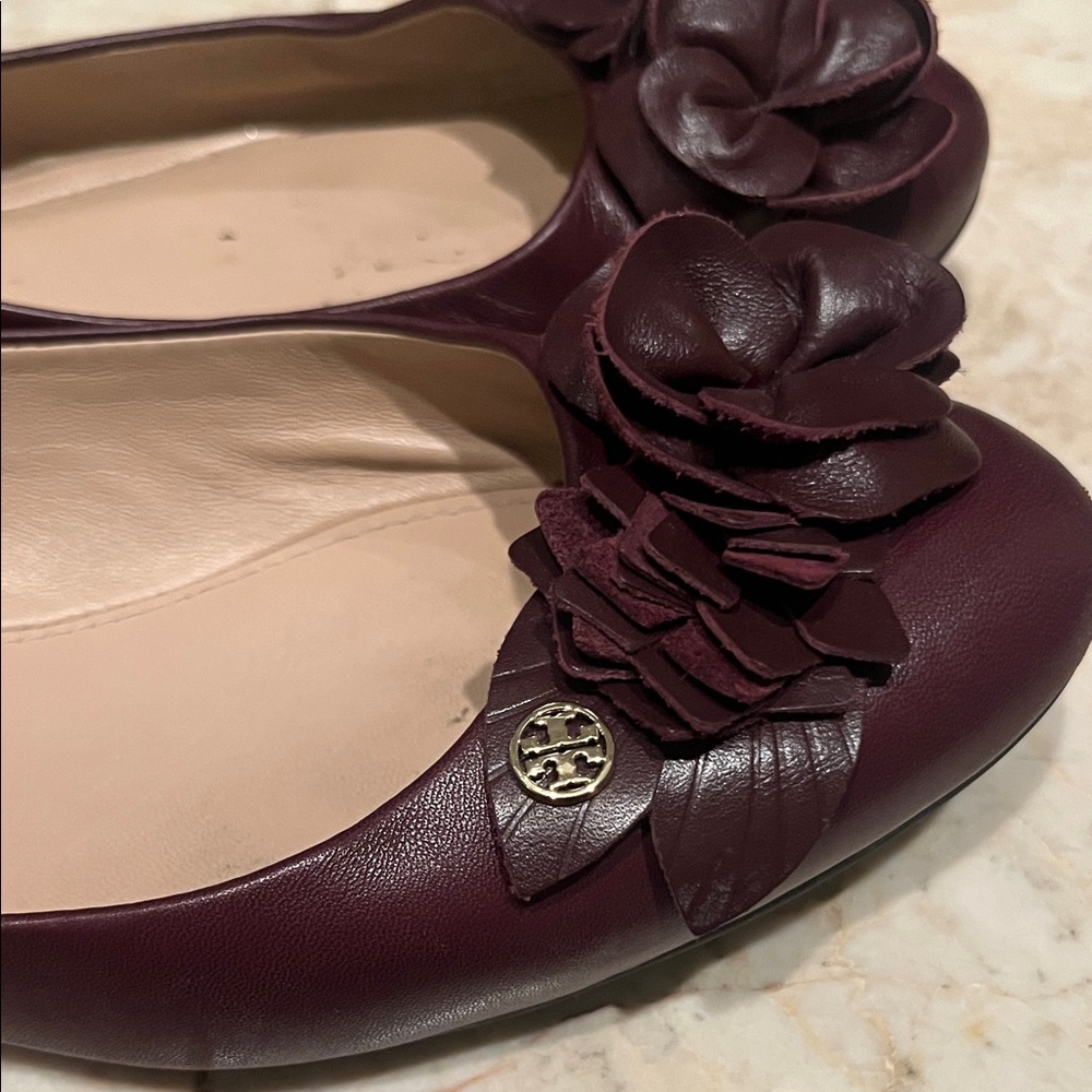 Tory Burch Burgundy Flats with Floral Accent - Picture 2 of 8